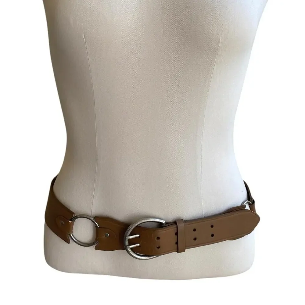 Vintage Wide Brown Leather O Ring Equestrian Belt Western Boho Statement Size XL